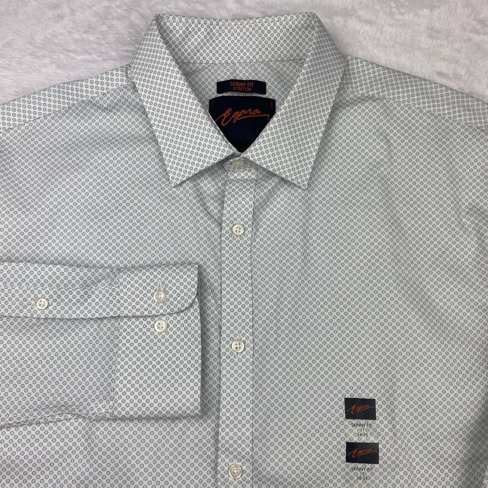 EGARA Dress Shirt Mens 17-34/35 Green/White Geometric Skinny Fit Stretch